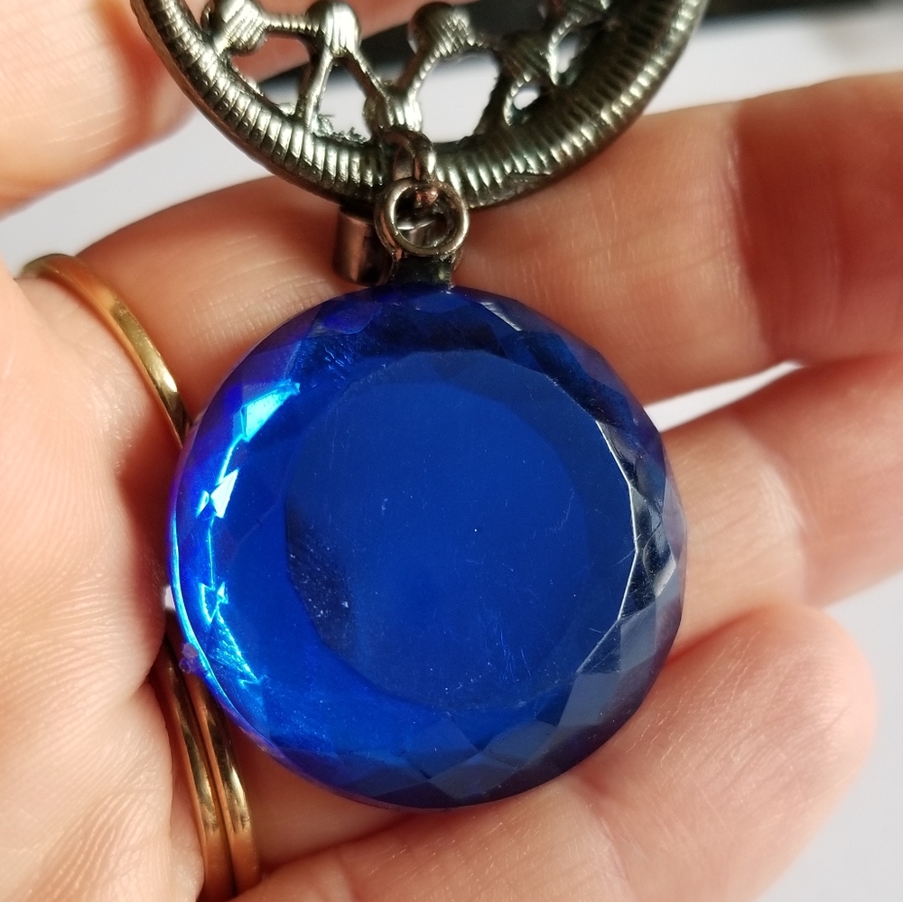 Relisted - Moon pendant blue gem dark silver tone metal lunar celestial - Picture 2 of 10